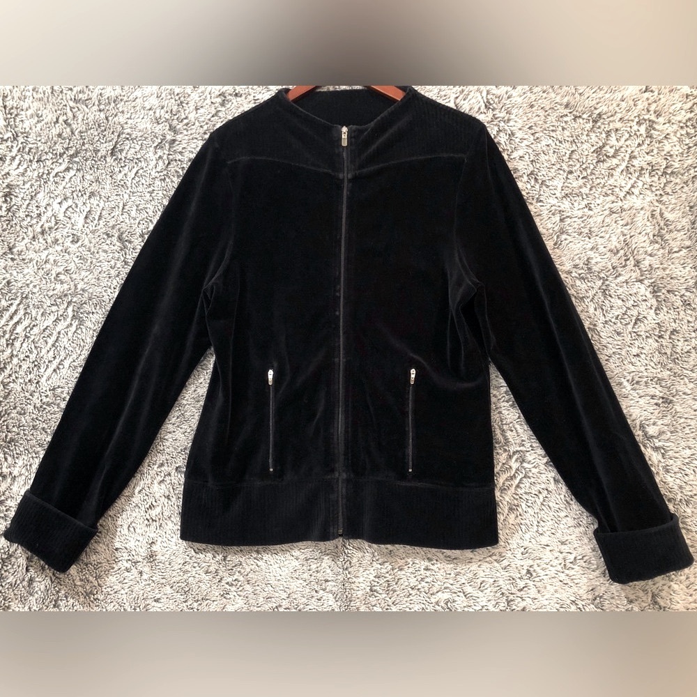 Vintage 90s Velour NORSPORT Zip Jacket Black Womens Medium Velvet Sweater VGUC